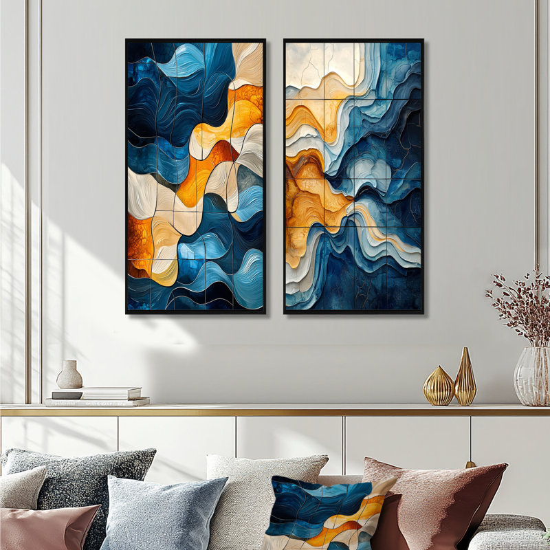 Brun et bleu Odyssey Tiles I - ensemble d'art mural côtier 2 pièces, H 32 po x l 32 po, Impression encadrée