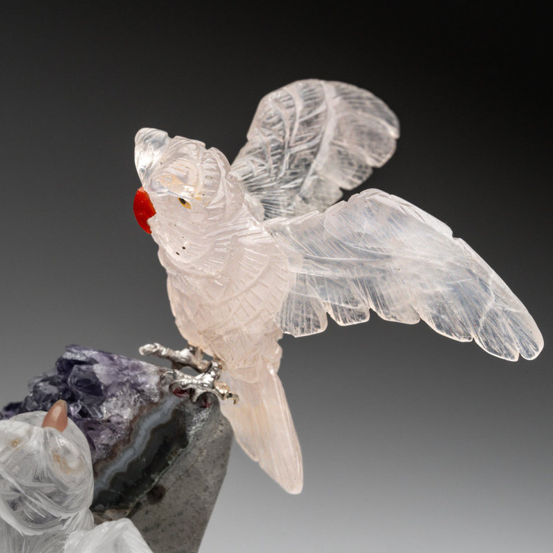 Genuine Polished Hand Carved Owls On A Amethyst Geode (5"H)