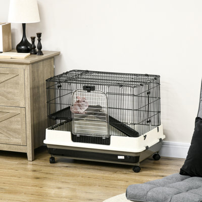 26" Small Animal Housing With Moveable Wheels - 2-level Portable . Removable Trays, Platform. 31.5''l X 20.75''w 26''h. Black & White Cage Mobility Transport Cage. For Ferrets, Chinchillas, Rabbits.