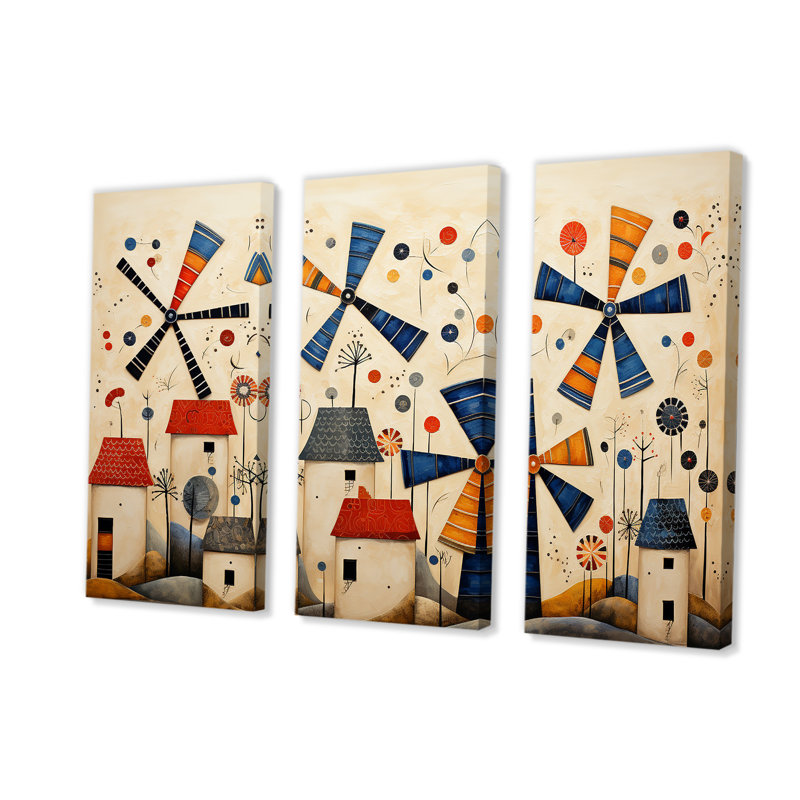 Folk Art Wind Turbines Village IV - Wind Turbines Wall Art, Toile tendue, H 28 po x l 36 po