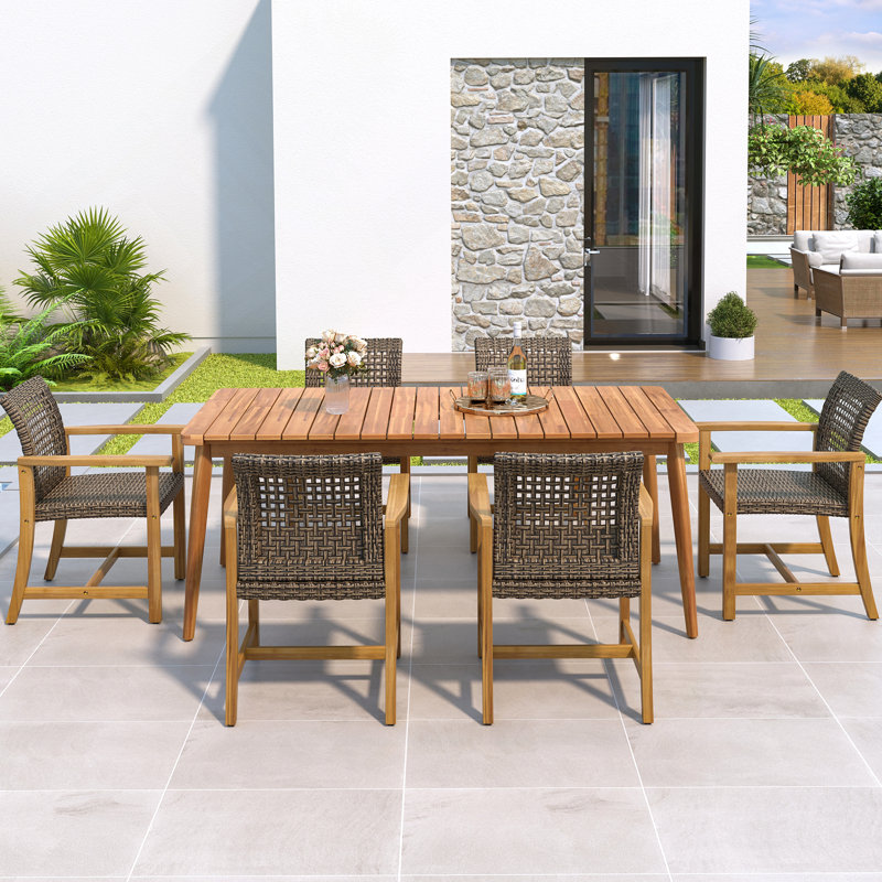 7-Piece Patio Dining Set, 72" Slatted Table & 6 Acacia Wood & PE Rattan Chairs for Patio Garden, Teak