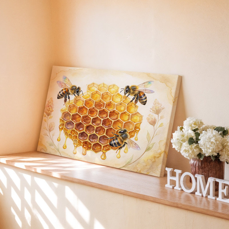 Nid d'abeille et abeilles, abeille et miel, 18 x 24 in