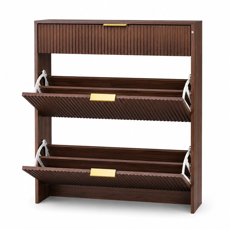 Narrow Fluted Shoe Storage Cabinet with Flip Drawers, Slim Entryway Shoe Organizer with Pull-Out Drawer & Gold Handles