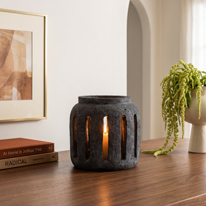 Rosser Round Lantern Hurricane With Open Slats, 8" H x 8" W x 8" D, Black