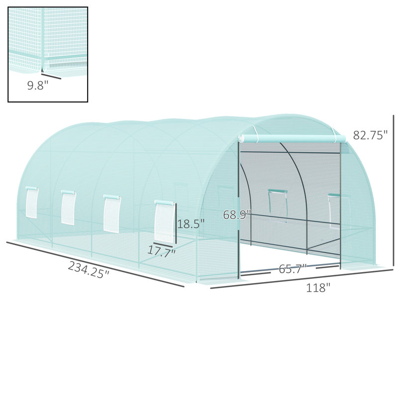 20' X 10' X 7' Walk-In Tunnel Greenhouse With Zippered Door & 8 Mesh Windows, Large Garden Green House Kit, Galvanized Steel Frame, Green
