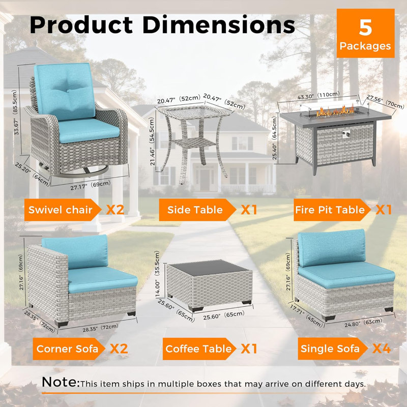 8 - Person Outdoor Rattan Furniture Patio Set with Fire Pit Table, Blue