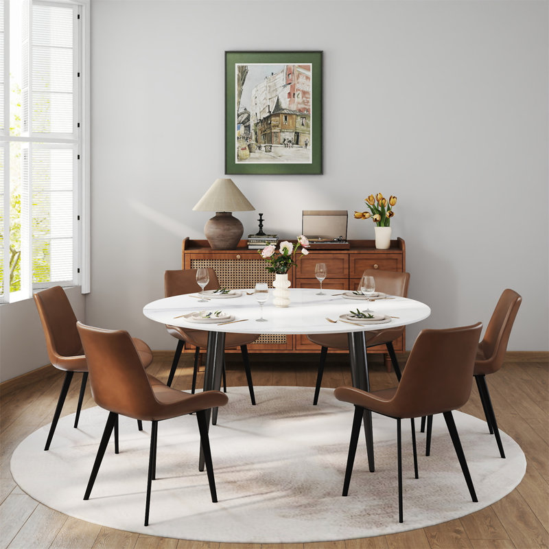 Table de salle à manger moderne 59,05 po en pierre artificielle ronde en métal pour 6 personnes avec 6 chaises