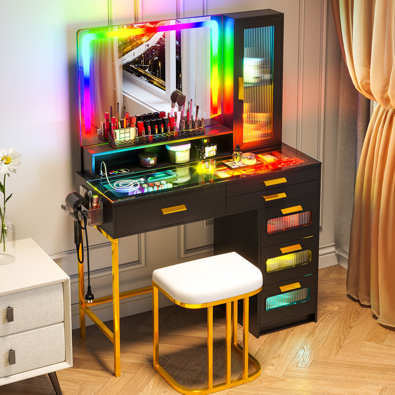 Coiffeuse avec miroir lumineux et tabouret Helenann , Noir / or