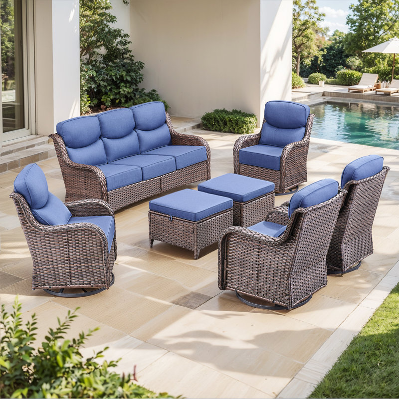 Meriline 7-Piece Outdoor Wicker Patio Conversation Set With 4 Swivel Gliders And Ottomans, Blue, Brown