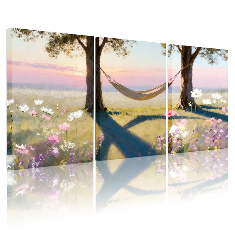 Assortiment de bouquets de hamac entre arbres et champ de fleurs, coucher de soleil, ensemble de 3 toiles, H 18 po x l 36 po