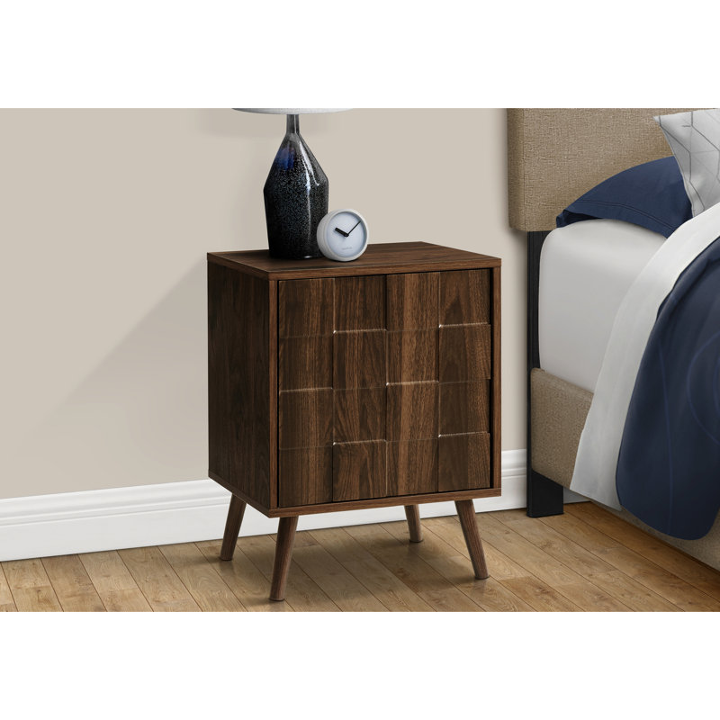 Table d'appoint en noyer stratifié avec style: 23 po de hauteur, pieds en bois massif, armoire de rangement, loquet à poussoir pour le salon ou la chambre à coucher et durabilité: stratifié, d'inspiration Mid-Century