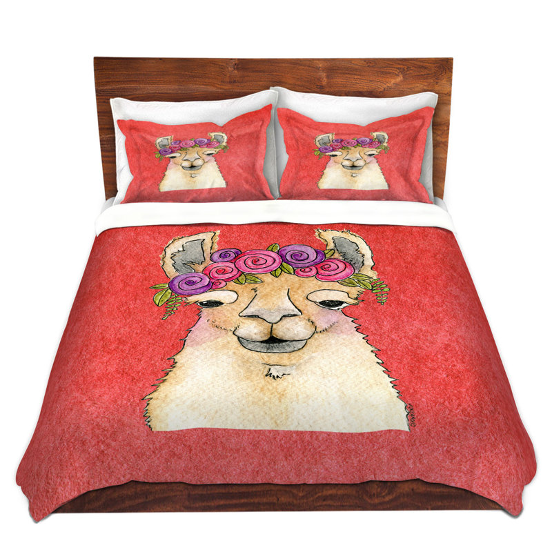 Ensemble de housse de couette guirlande llama, 1 housse + 2 taies très grand lit, Rouge / Blanc / Rose