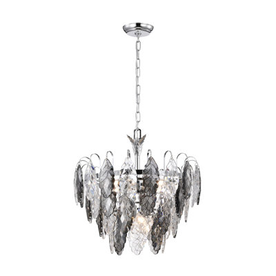 Lustre 6 niveaux à niveaux chrome avec cristaux transparents et feuilles grises