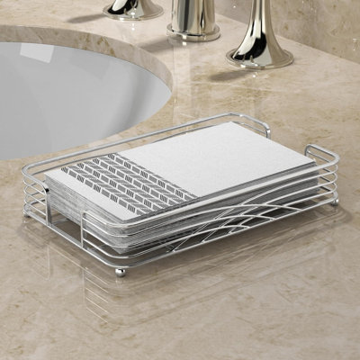 Silver Metal Guest Towel Napkin Holder Tray, Freestanding Countertop Rack for Bathroom, Powder Room and Vanity Decor