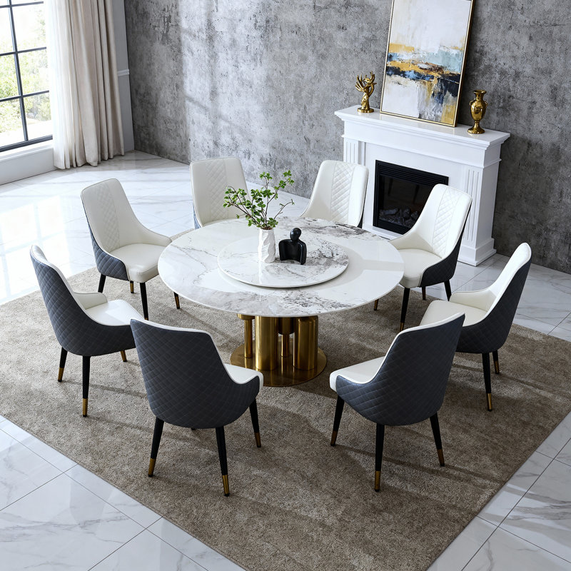 Table de salle à manger 59 "ronde avec plateau tournant rotatif à 360 °, plateau en pierre frittée résistant aux égratignures, design minimaliste moderne pour une cuisine et une salle à manger compactes (8 chaises)