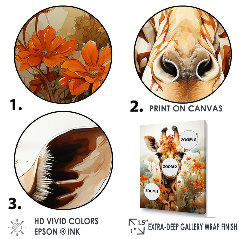 Adorable girafe dans un champ de fleurs sur toile, H 32 po x l 24 po x P 1 po, Cadre doré simple