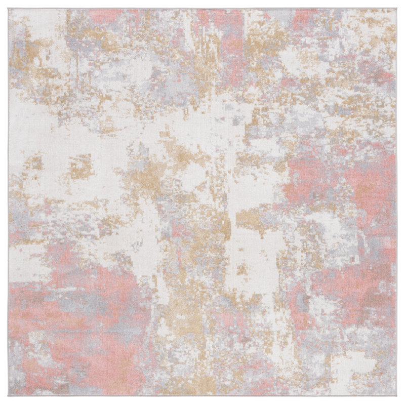 Tapis en polyester tissé à plat à la main à motif abstrait en ivoire / gris / rose Braidy, Carré 5 pi 3 po