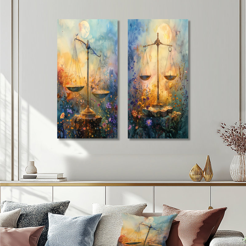 Ensemble d'œuvres murales 2 pièces jaune et bleu Astrology, H 28 po x l 24 po, Toile tendue sur cadre, Ne s’applique pas