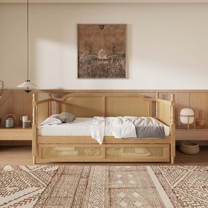 Traditional Style Rattan Daybed with 2 Drawers, Full / Double, Walnut 1
