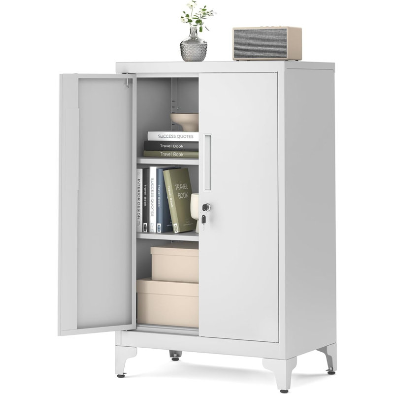 Armoire de rangement en métal gris mat avec portes verrouillables et tablettes réglables