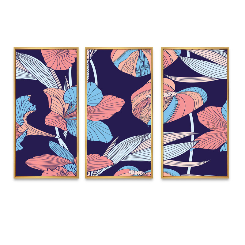 «Pink and Blue Vintage Foliage», ensemble d'art mural sur toile encadré traditionnel, Or, H 20 po x l 36 po x P 1 po