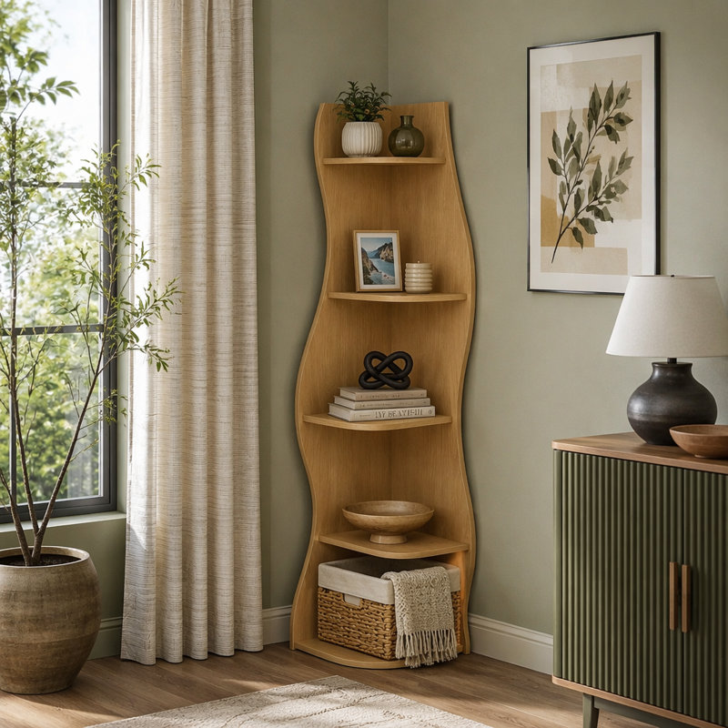 Étagère d'angle à 5 niveaux en forme de S, présentoir courbé autoportant moderne, bibliothèque peu encombrante et support pour plante pour espaces de vie compacts