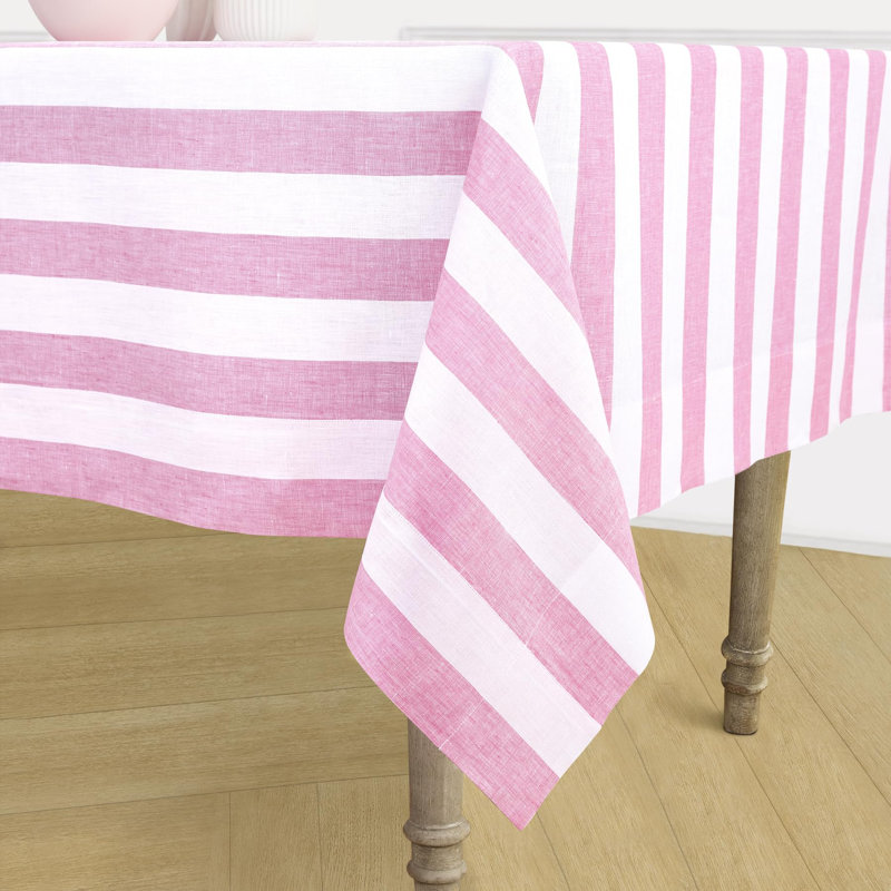 Cabana Stripe - 100% Pure Linen Tablecloth, 132" x 60", Pink/White