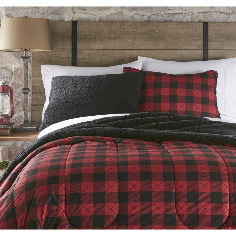 Ensemble d'édredon inversé en sherpa Micro Flannel®, Édredon pour lit simple + 1 taie décorative stan, Carreaux rouge Buffalo
