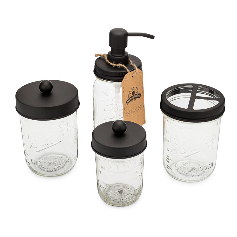Black Glass and Metal Mason Jar Bathroom Set