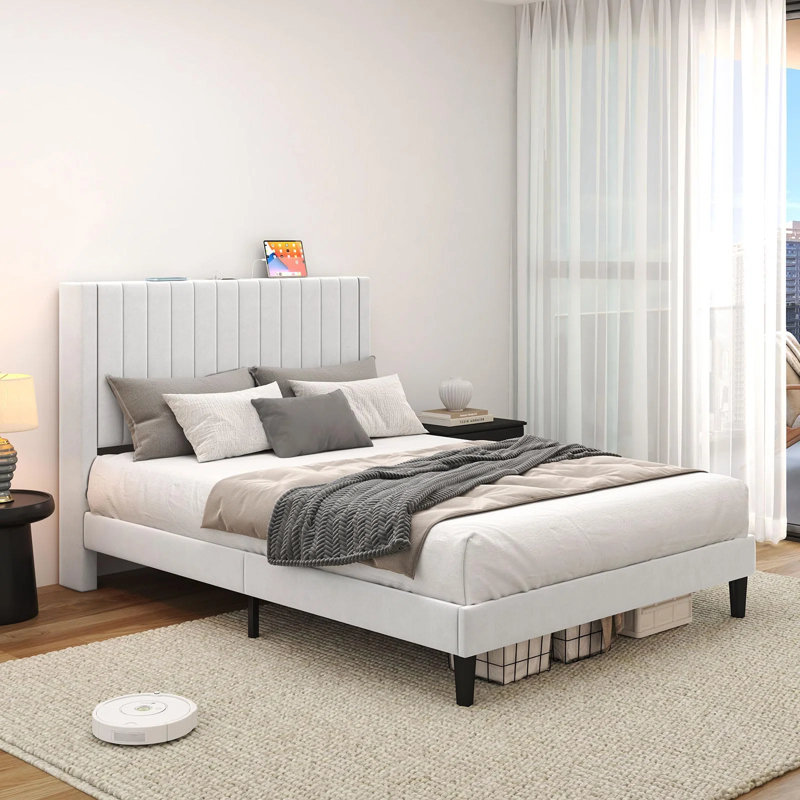 Alti 44.8'' Velvet Upholstered Tufted Bed with Charging Station, Full, Black