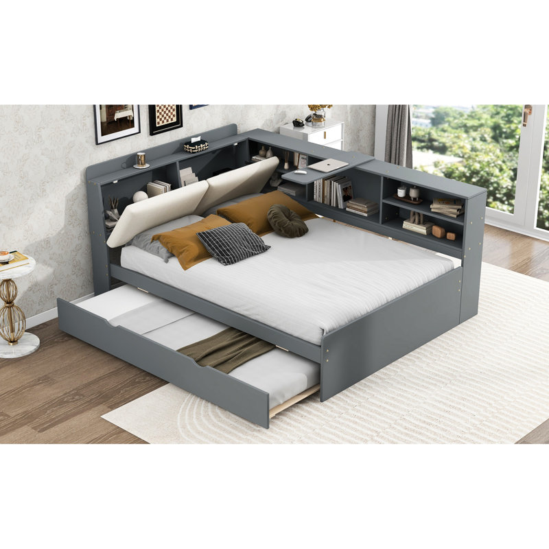 Lit plateforme double en bois gris avec lit gigogne et tête de lit tapissier
