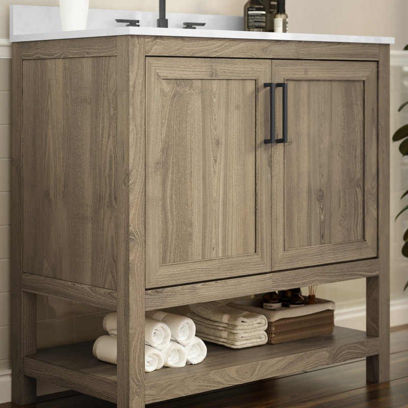 Meuble-lavabo 36 po avec lavabo sous-comptoir et tablette de rangement ouverte, Brun, Noir mat
