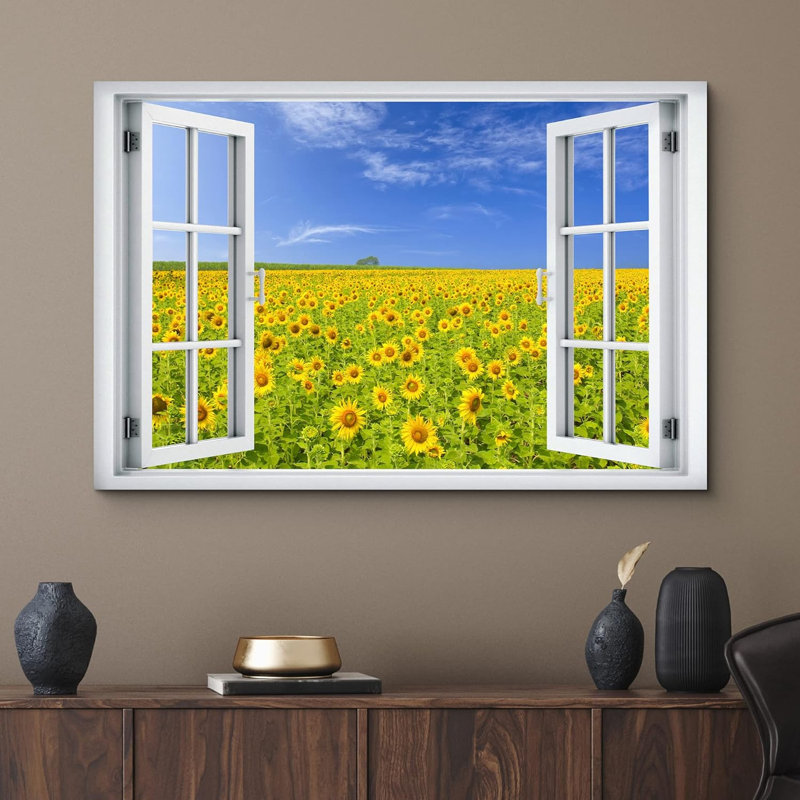 Fenêtre de paysage «Window View Spring Yellow Sunflower Country Field Nature Scenic Landscape» sur toile, H 16 po x l 24 po