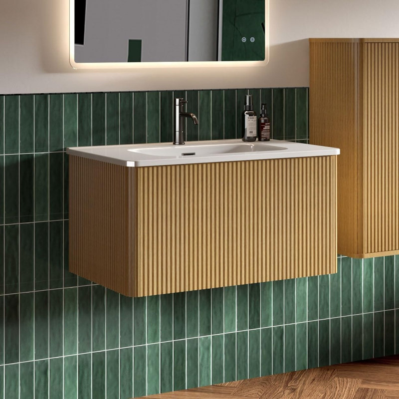 Meuble-lavabo mural simple 30 po en chêne naturel rayé avec plateau en céramique, Jaune, 30"