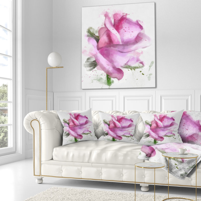 Rose rose, dessin aquarelle - coussin imprimé floral, 16 po x 1 po, Coussin décoratif