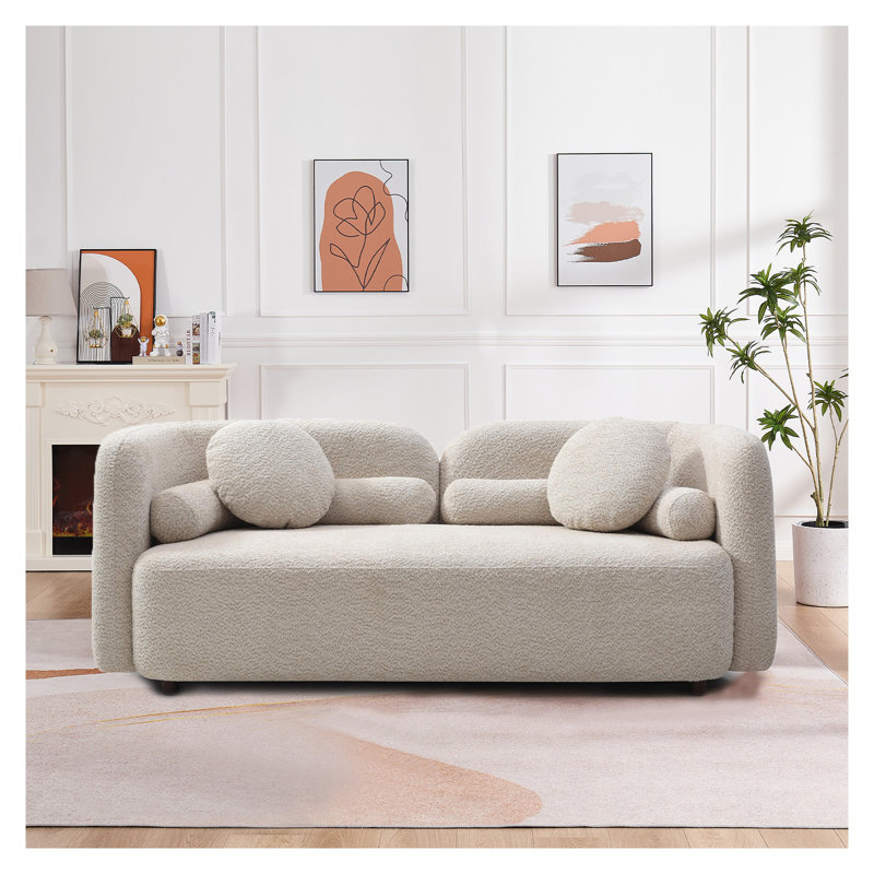 Canapé moderne à 2 places, canapé Boucle beige clair avec structure en bois d'eucalyptus