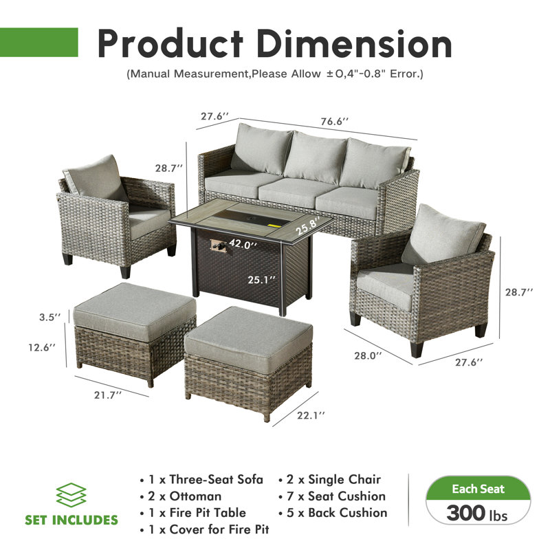Allcot 5 - Person Wicker/Rattan Patio Furniture Set, Outdoor Fire Pit Sofa Set with Throw Pillows and Comfy Cushions, Gray