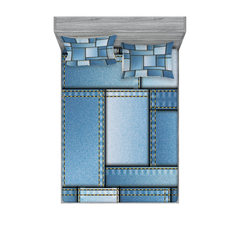 Drap-housse et taie décorative bleu Ambesonne, Ensemble de draps pour lit double + 4 taies d'orei