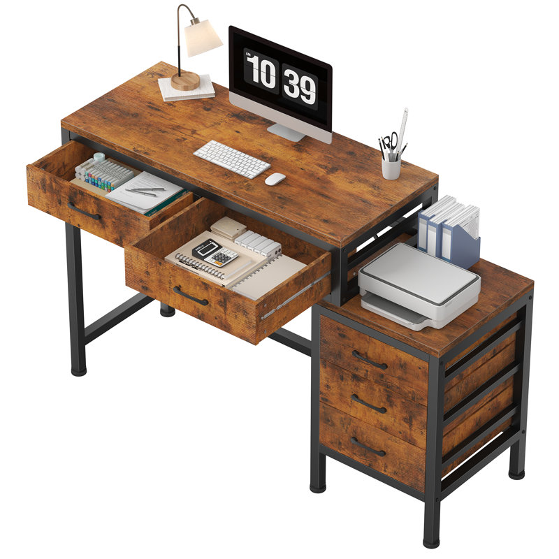 51'' Computer Desk with 5 Drawers and Printer Stand, Rustic Brown