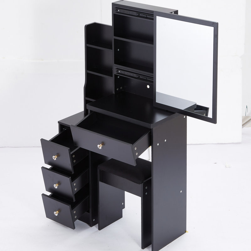 Table de coiffeuse avec tabouret rembourré et grand miroir coulissant, rangement multicouche pour les petits espaces, armoire de chevet gauche conforme à la norme UL