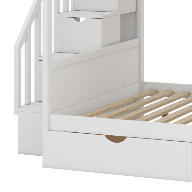 Lit superposé avec tablettes, escalier de rangement et 2 tiroirs, Blanc