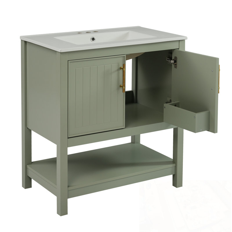 Meuble-lavabo de salle de bain avec lavabo, étagère de rangement ouverte et porte, Vert