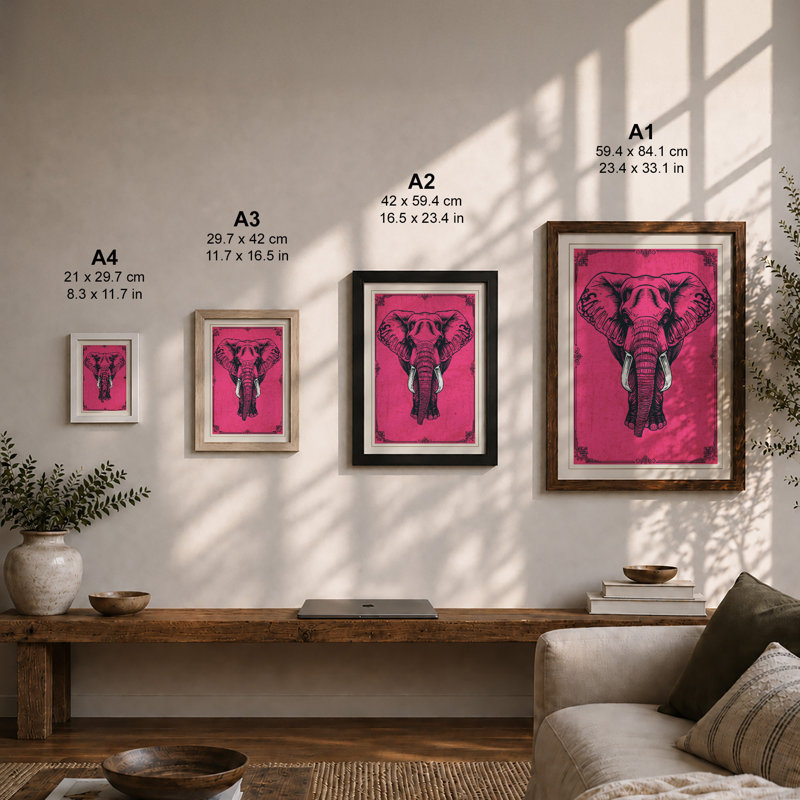 Elephant Heraldic Art Deco - Framed Print, A4 - 29.7 x 21.0 cm, White