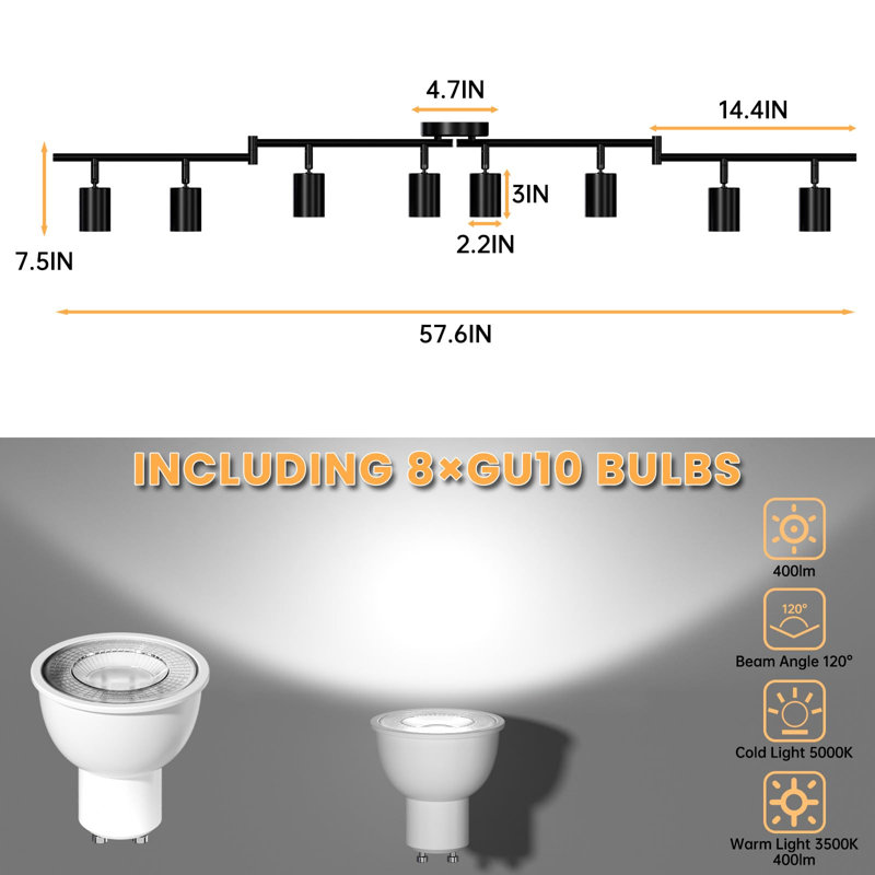 8-Light LED Track Lighting Kit, 3-Color Adjustable, GU10 Bulbs Included