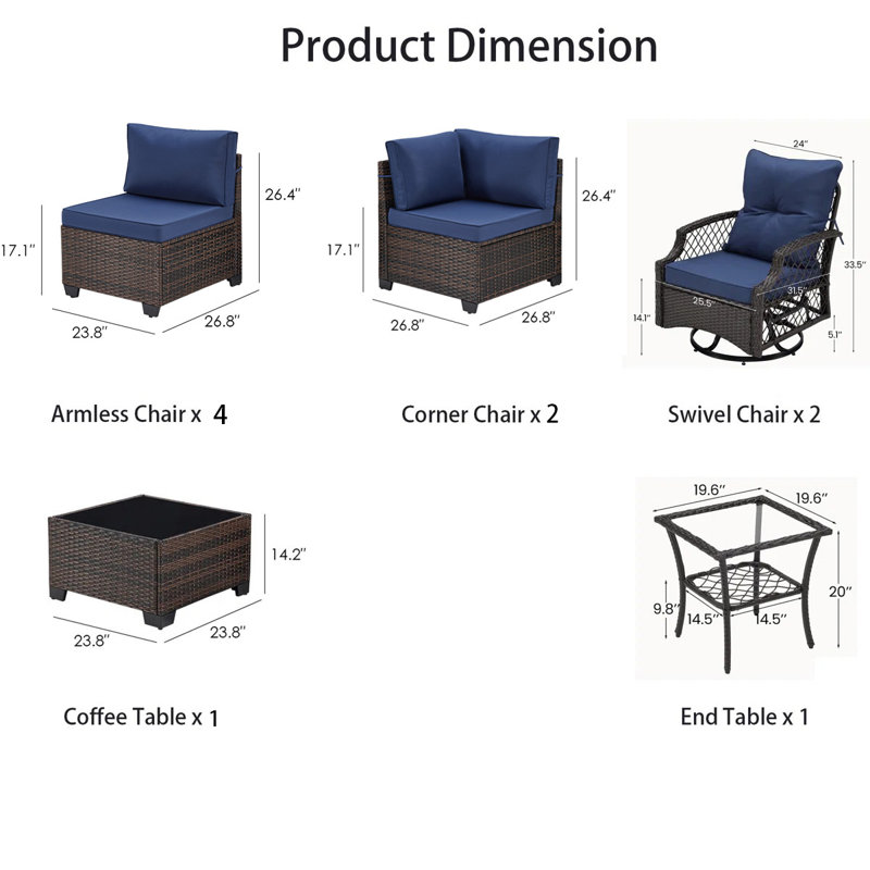9 - Person Outdoor Wicker Patio Conversation Furniture Set With Swivel Chairs, Navy