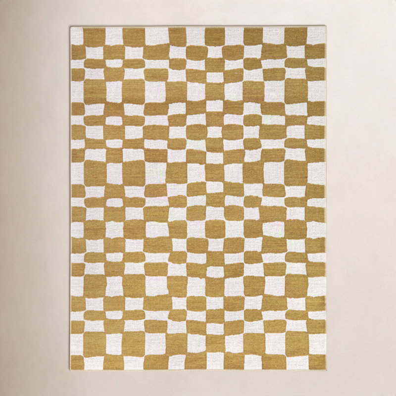 Rectangle Canales géométrique tissé à la machine recyclé P.E.T. Tapis jaune / blanc, Rectangle 5 pi 3 po x 7 pi