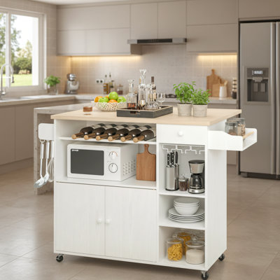 White Mobile Kitchen Island Trolley With Folding Table, Wine Rack, Microwave Rack, Drawers, Shelves, Spice Rack, Cup Holder, Multi-Functional Wheeled Serving Cart