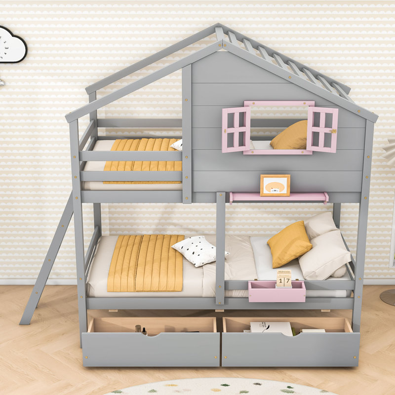 Lit superposé simple au-dessus de simple avec tiroirs Playhouse-Inspired, Gris