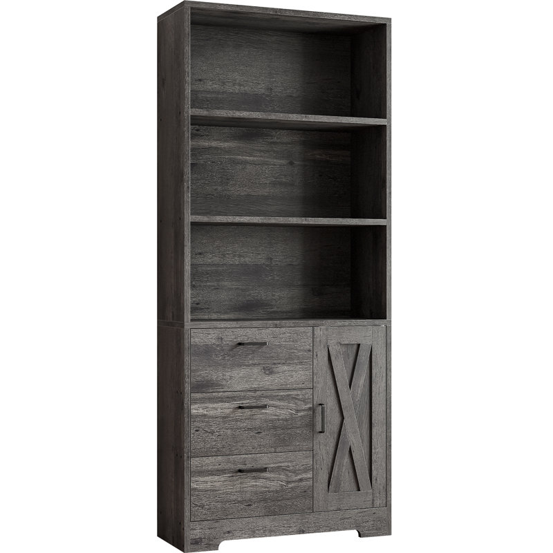 Bibliothèque moderne en bois de style moderne H 71 "avec porte et 3 tiroirs, tablettes ouvertes à 3 niveaux, Charcoal Grey