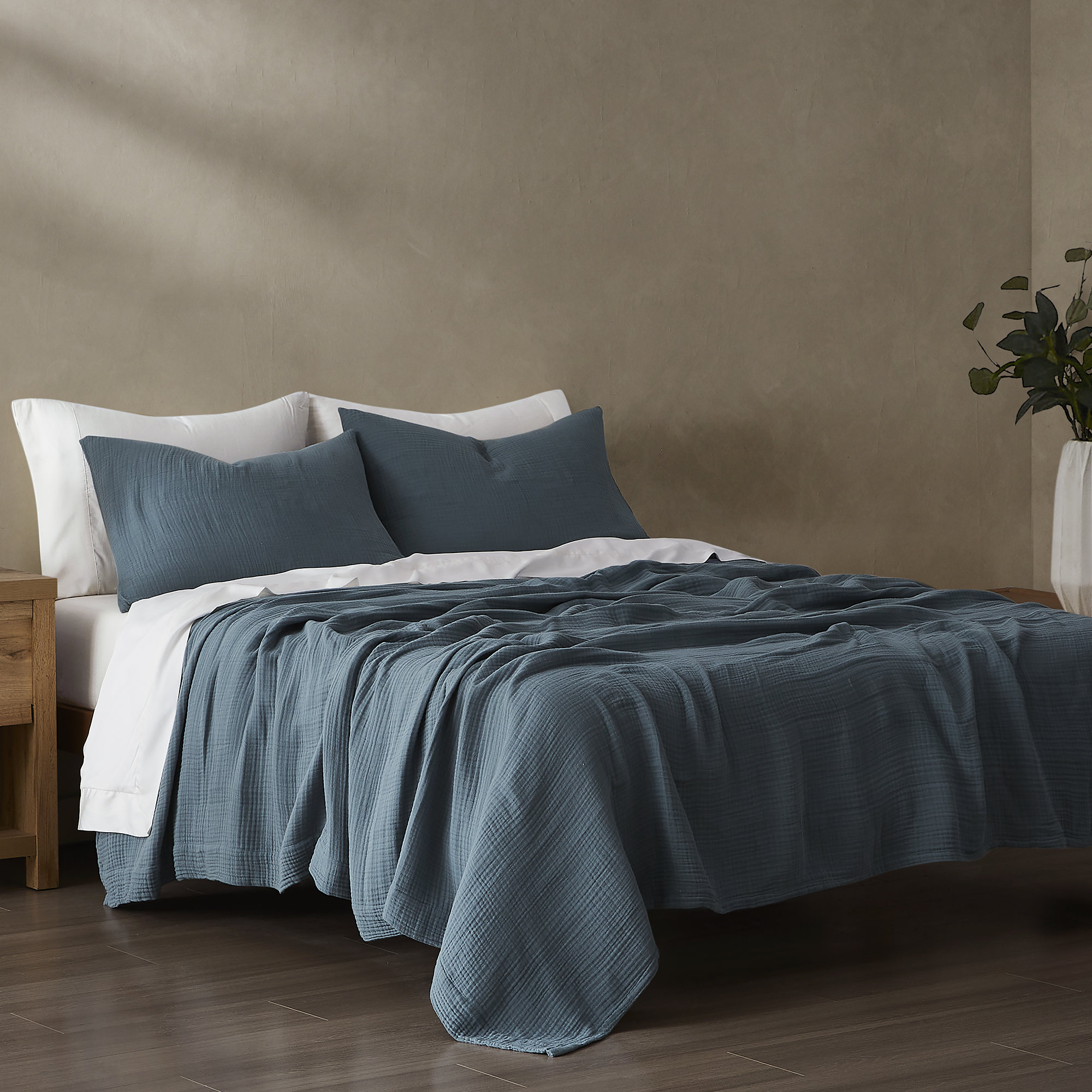Cotton Voile Classic Casual Modern Rustic Soft And Lightweight Throw Blanket Set, Storm Blue, Queen